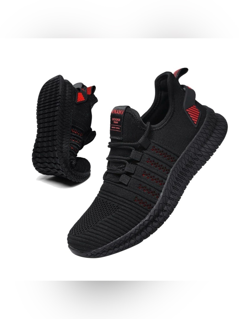 VNANV Men's Black and Red Lightweight Knit Sneakers Size 12